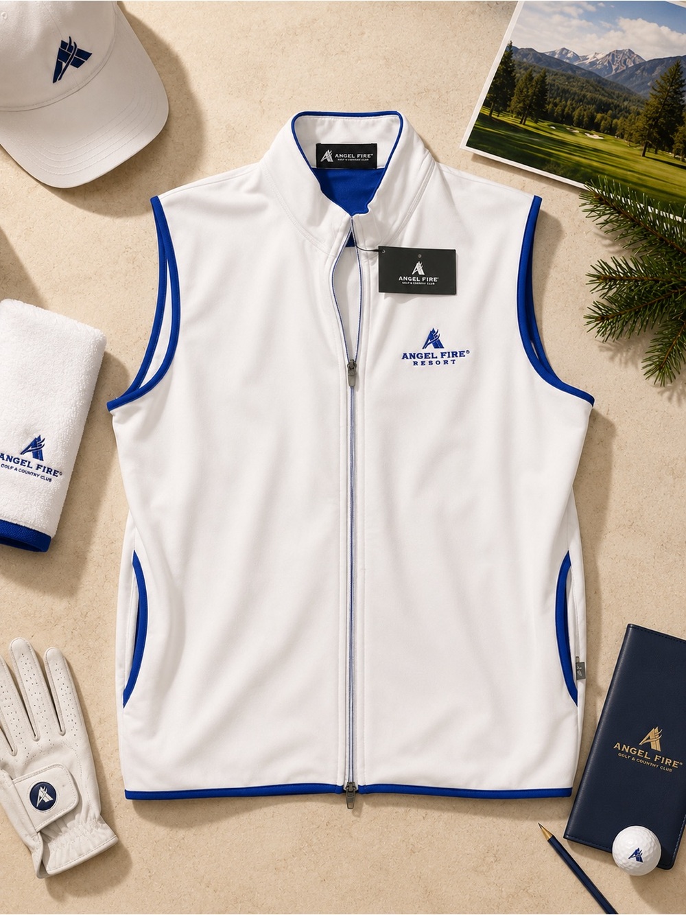 NWT Angel Fire Resort White Blue Golf Vest Men’s M
